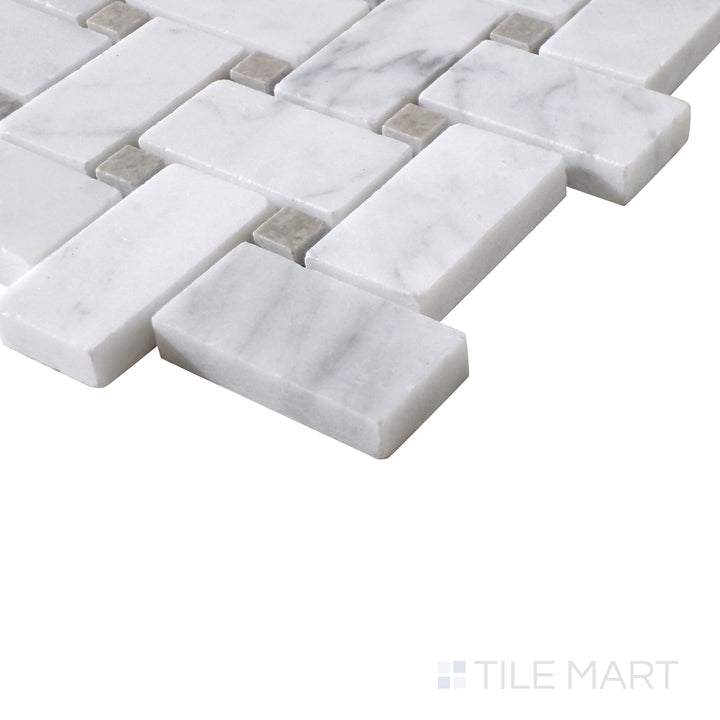 Angled perspective of Sto-Re Carrara with Grey Dot Basketweave polished marble mosaic, featuring a timeless white marble base with soft grey dot accents for a sophisticated touch.  
