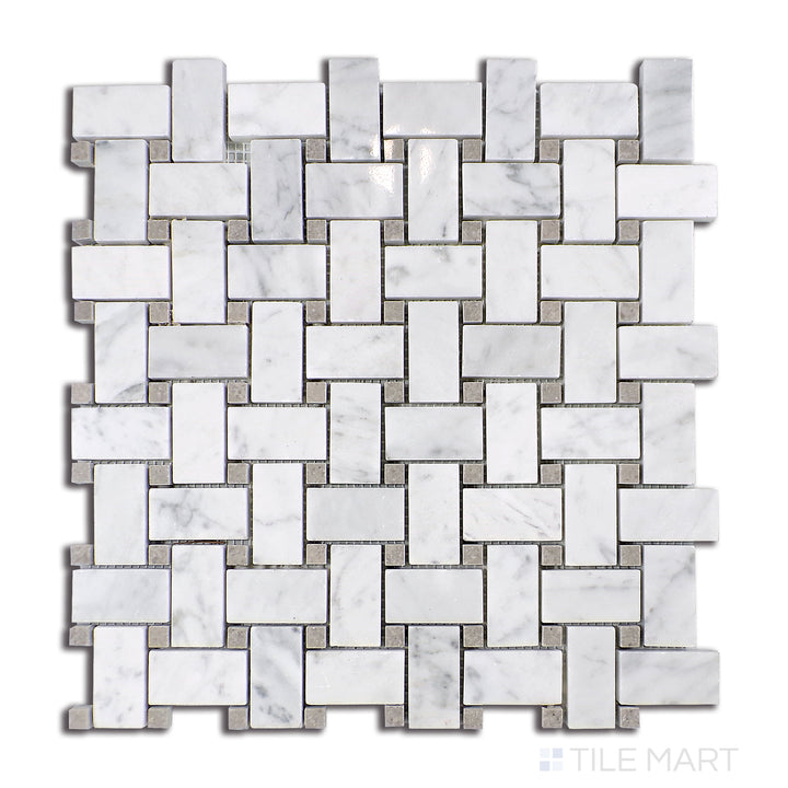 Flat lay of Sto-Re Carrara W/ Grey Dot Basketweave Polished Marble Mosaic, showcasing interwoven white marble tiles with subtle grey dots for an elegant contrast.