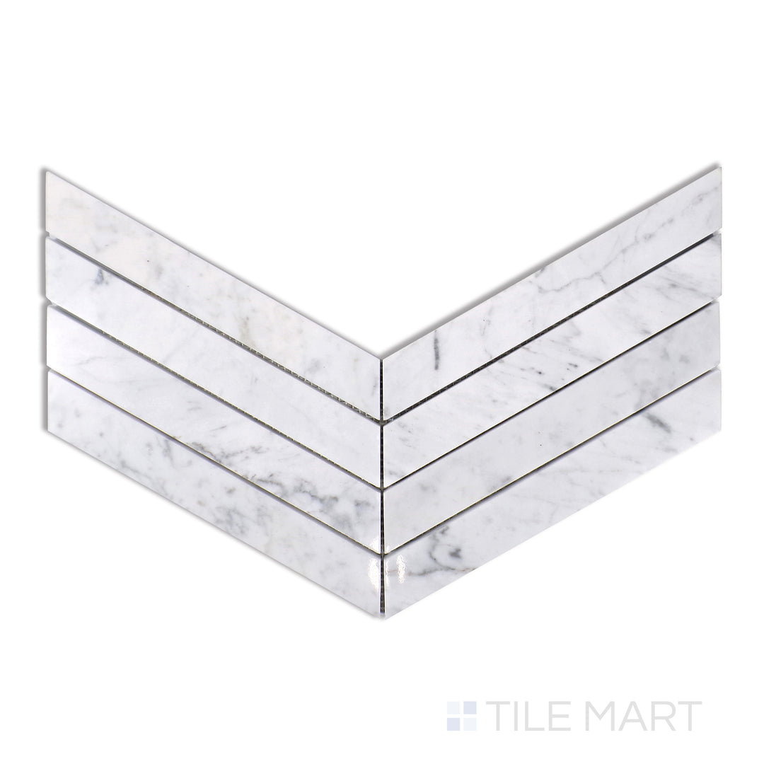 Top-down image of Sto-Re Carrara Chevron Polished Marble Mosaic, presenting bright white Carrara marble with subtle veining arranged in a sleek chevron design.