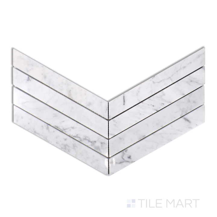 Top-down image of Sto-Re Carrara Chevron Polished Marble Mosaic, presenting bright white Carrara marble with subtle veining arranged in a sleek chevron design.