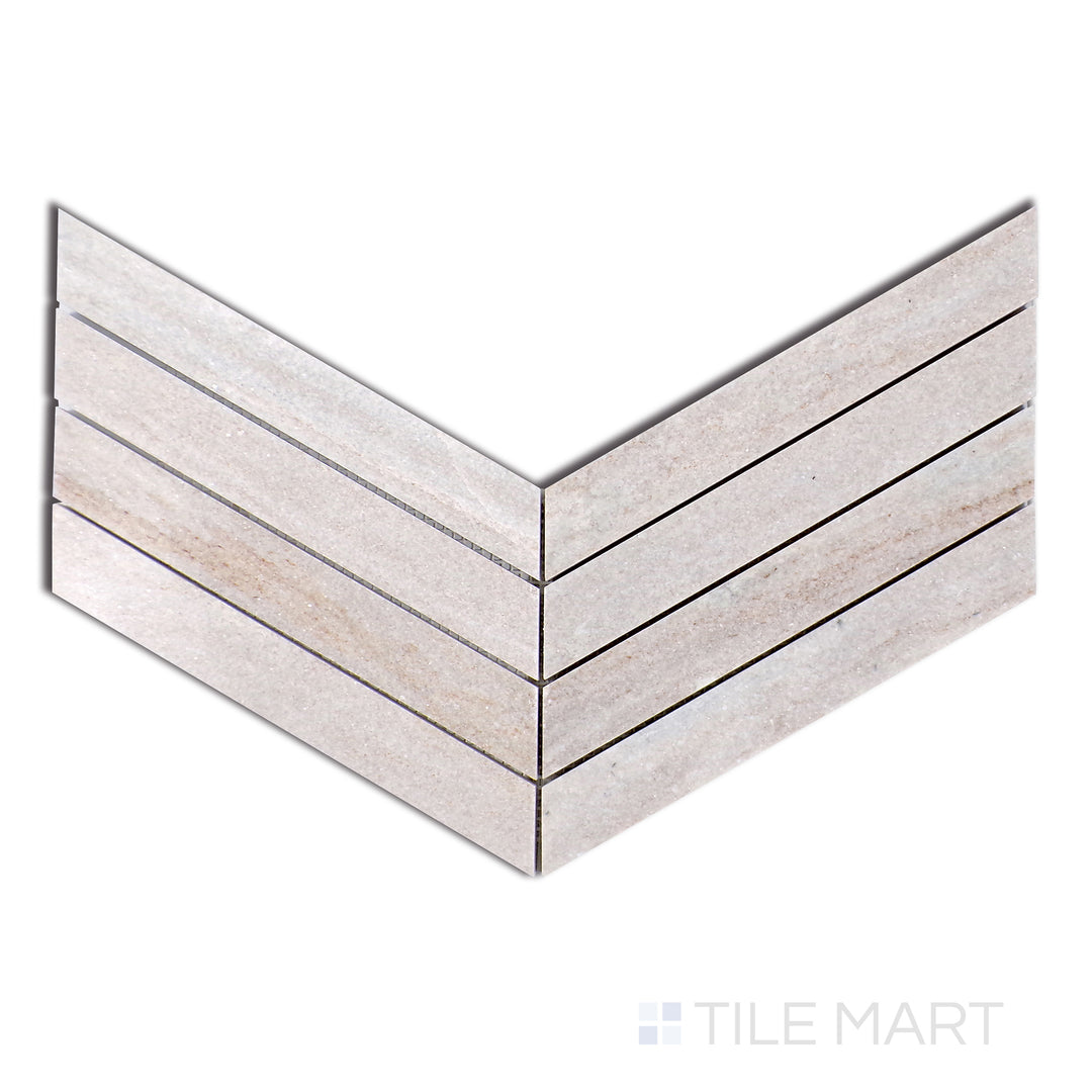 Aerial perspective of Sto-Re Ocean White Chevron Polished Marble Mosaic, featuring crisp white marble with polished elegance in a bold chevron format.