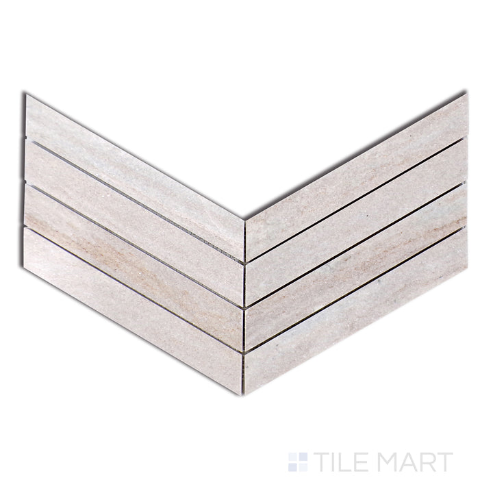 Aerial perspective of Sto-Re Ocean White Chevron Polished Marble Mosaic, featuring crisp white marble with polished elegance in a bold chevron format.