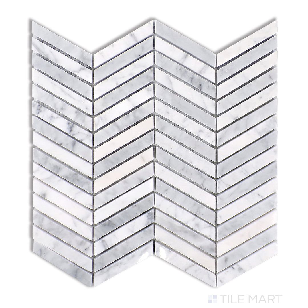 Overhead view of Sto-Re Carrara Chevron Polished Marble Mosaic, featuring classic white Carrara marble arranged in a striking chevron pattern with a glossy finish.