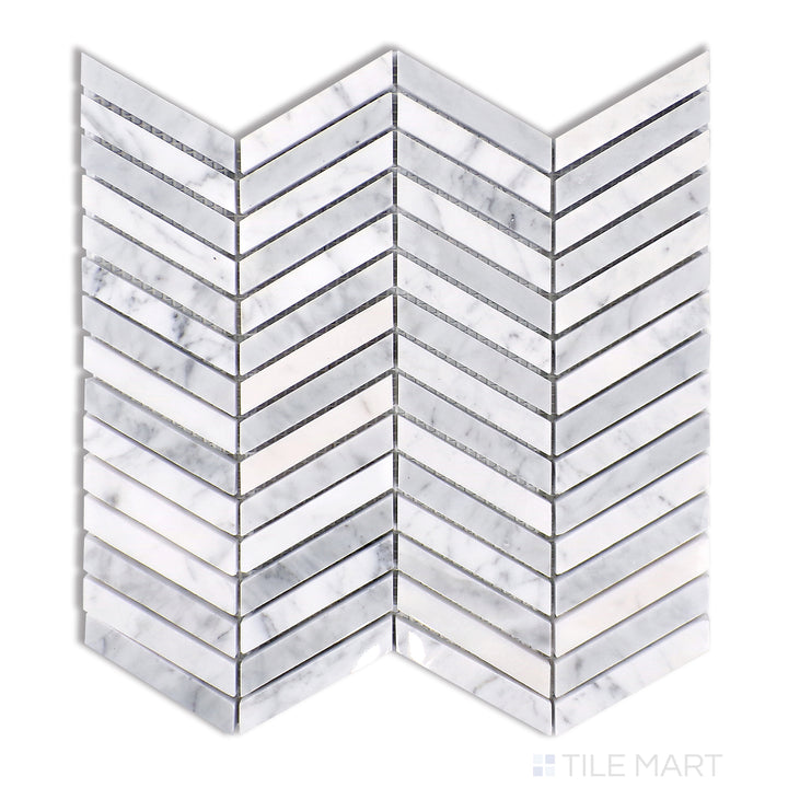 Overhead view of Sto-Re Carrara Chevron Polished Marble Mosaic, featuring classic white Carrara marble arranged in a striking chevron pattern with a glossy finish.