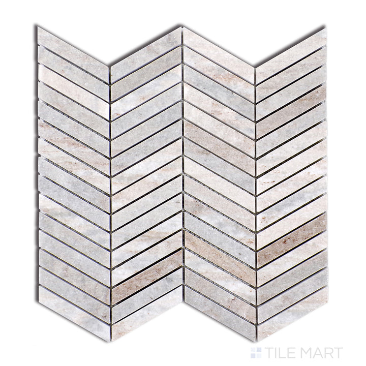 Flat lay of Sto-Re Ocean White Chevron Polished Marble Mosaic, showcasing a crisp white marble with gentle veining in a polished chevron formation.