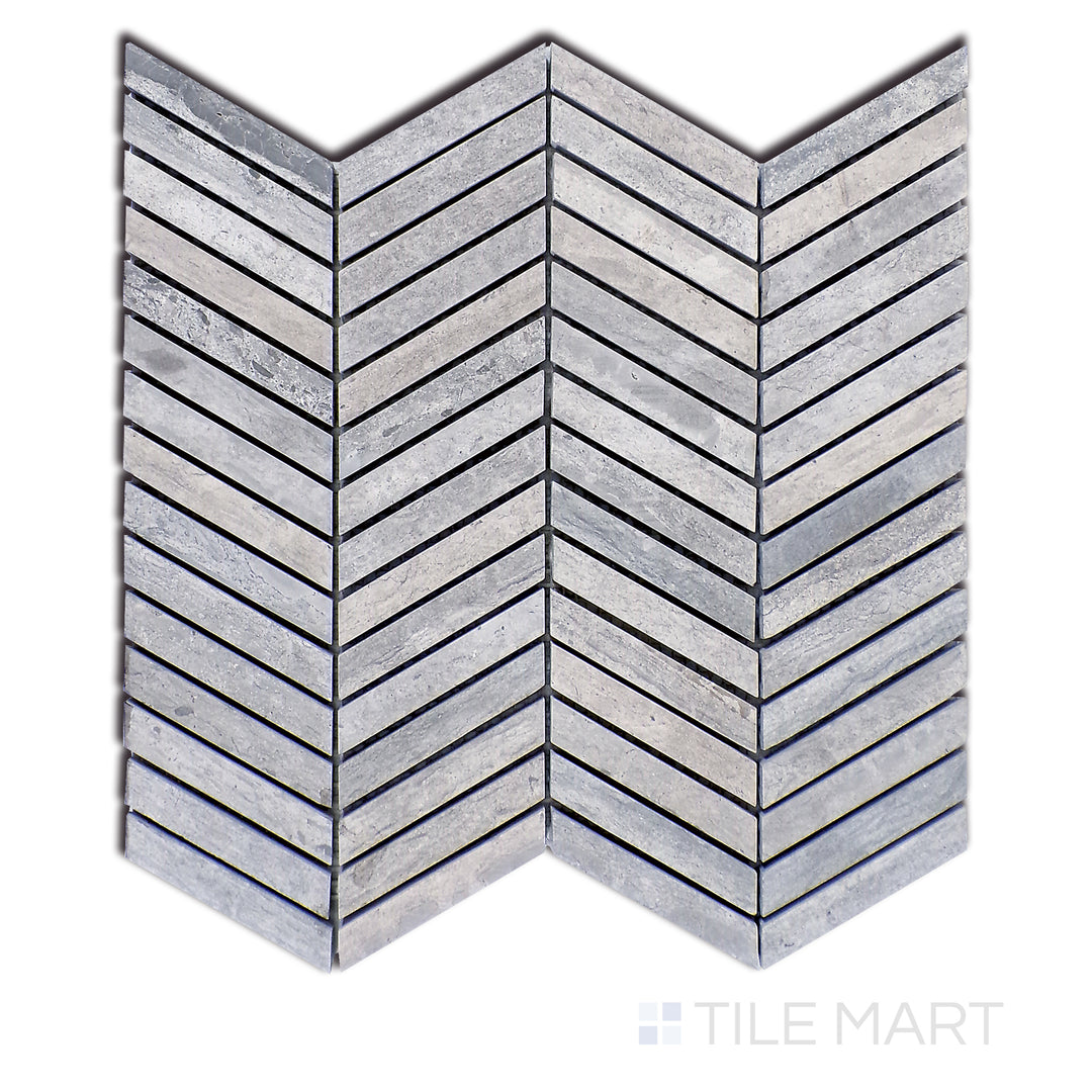 Aerial view of Sto-Re Wooden Blue Chevron Polished Marble Mosaic, presenting a bold blue-grey marble with a sleek polished surface arranged in a chevron pattern.