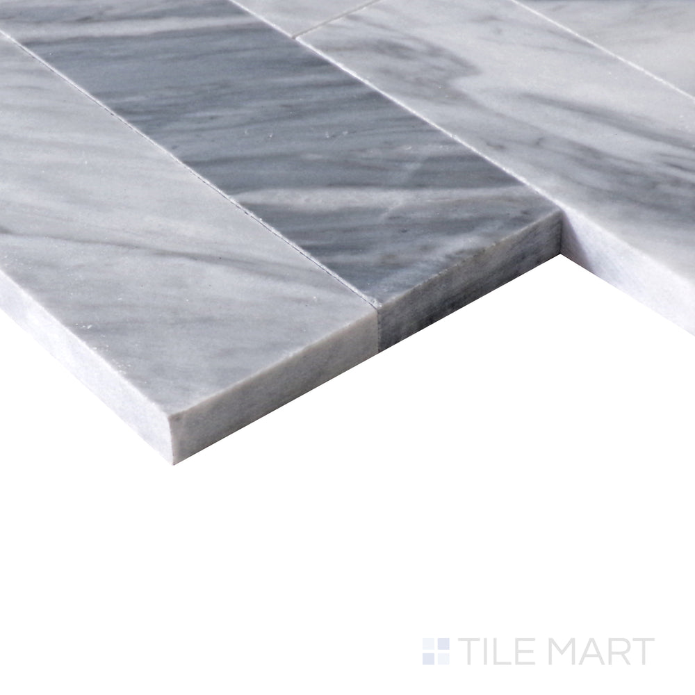 Slanted perspective of Sto-Re Bardiglio Culture Pattern polished marble mosaic, emphasizing its bold gray tones, intricate pattern design, and refined finish.  