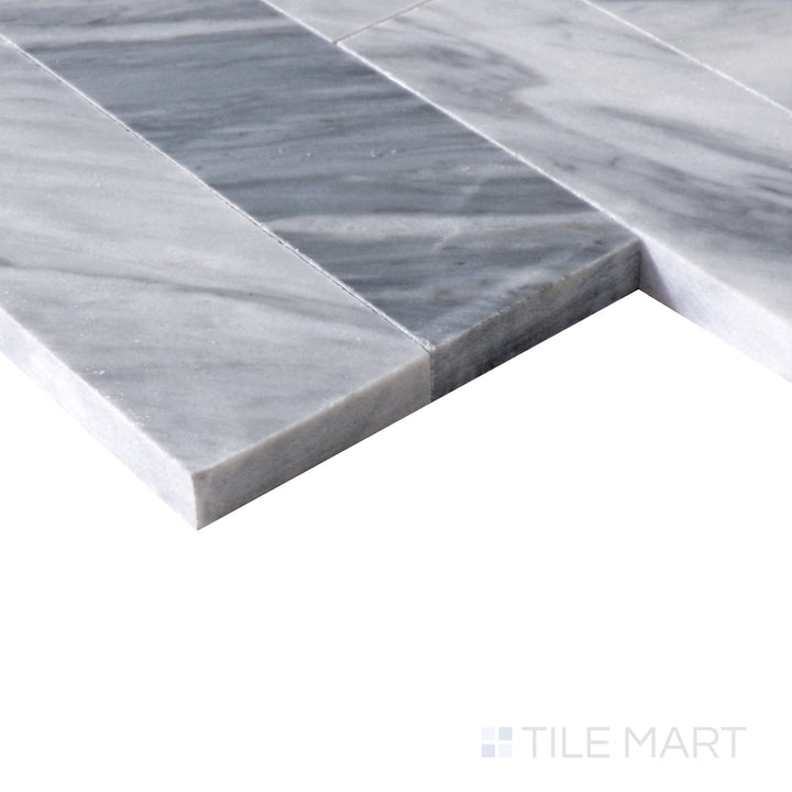 Slanted perspective of Sto-Re Bardiglio Culture Pattern polished marble mosaic, emphasizing its bold gray tones, intricate pattern design, and refined finish.  