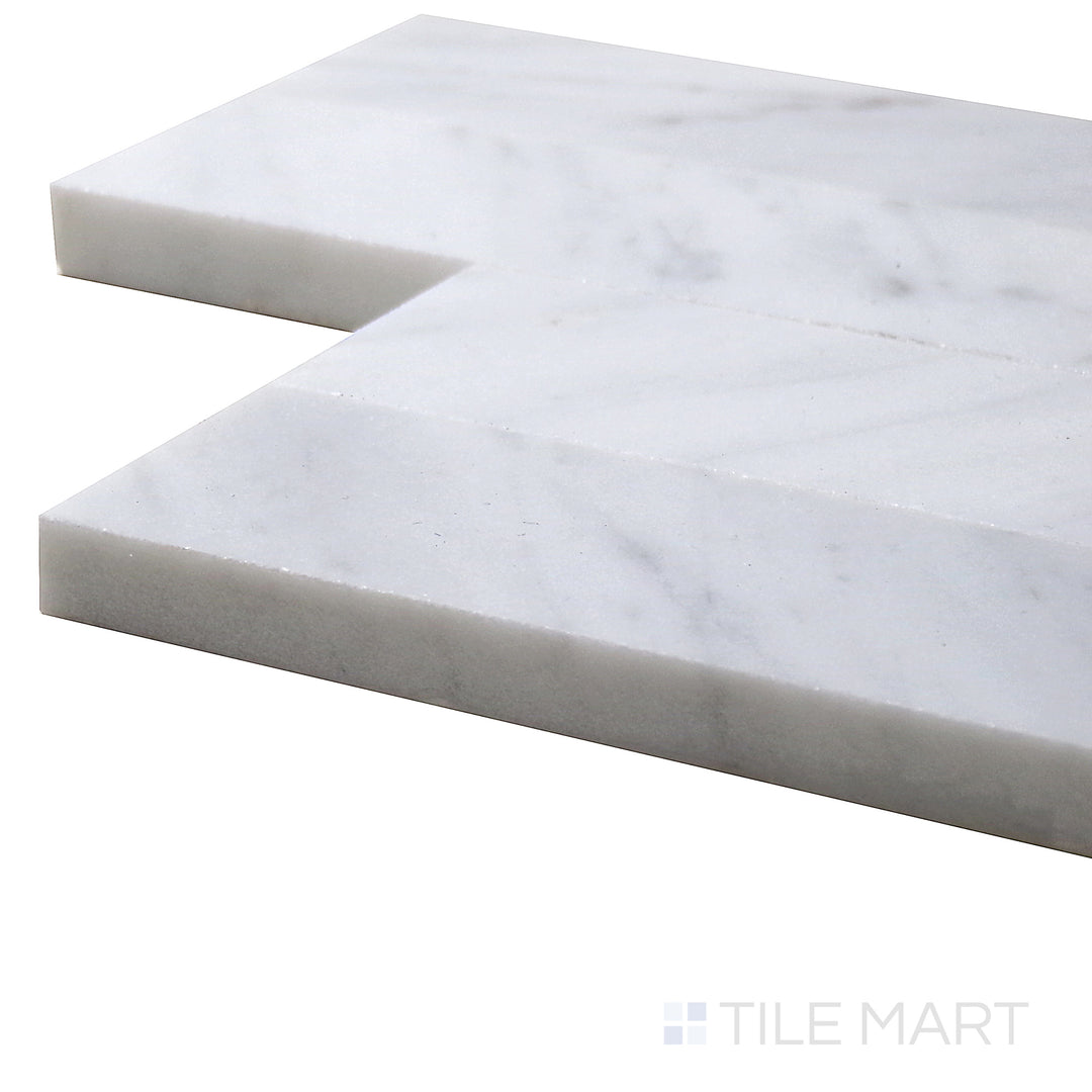 Corner shot of Sto-Re Carrara Culture Pattern Polished Marble Mosaic, showcasing its intricate, polished white marble design with subtle gray veining.
