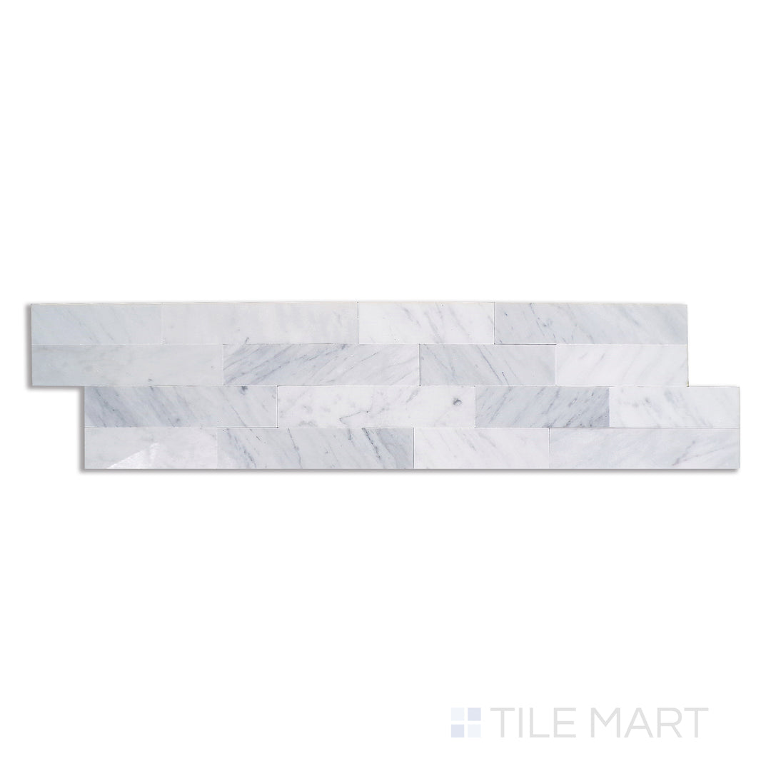 Overhead shot of Sto-Re Carrara Culture Pattern Polished Marble Mosaic, showcasing intricate designs on bright white Carrara marble in a polished finish.