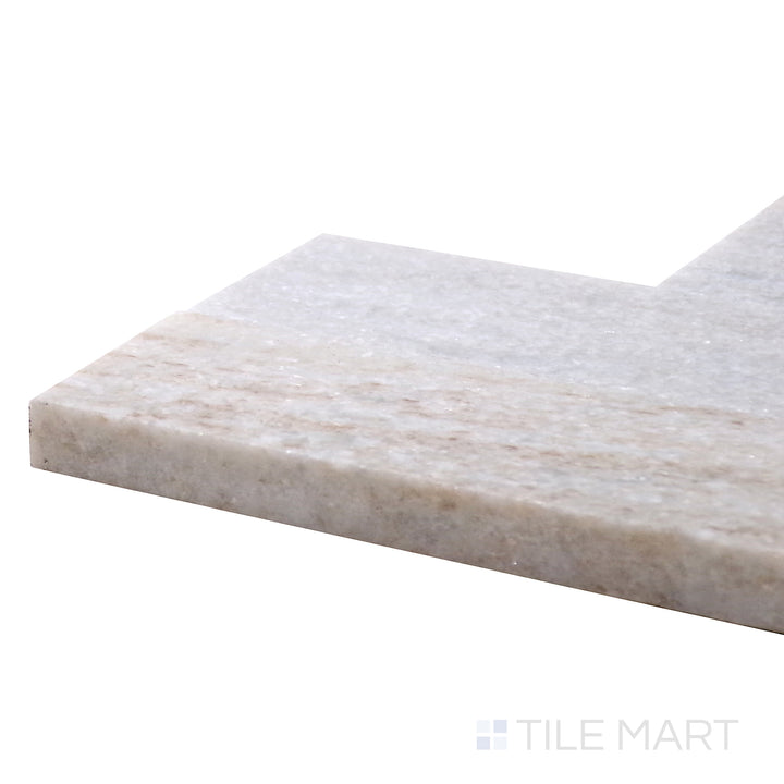 Angled view of Sto-Re Ocean White Culture Pattern Polished Marble Mosaic, featuring an elegant white marble base with delicate patterns and a high-gloss finish.