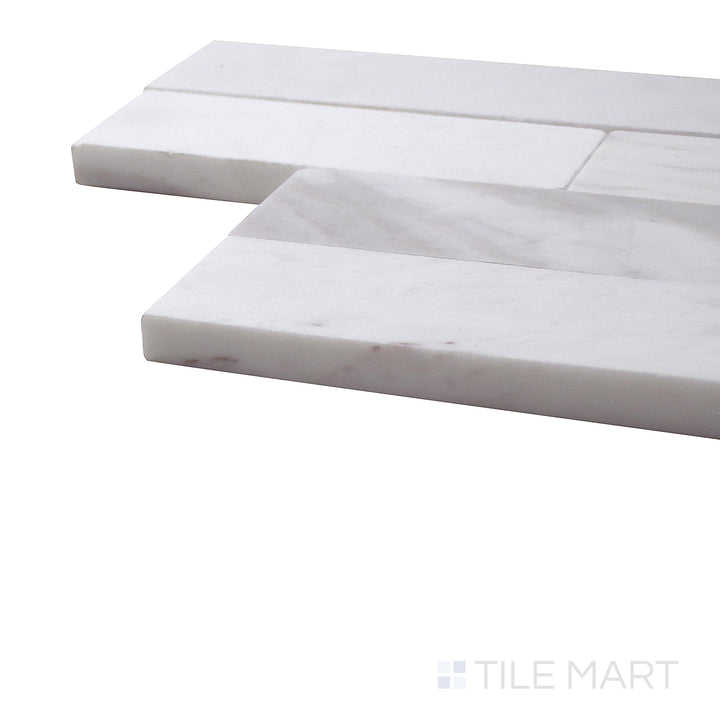 Close-up corner shot of Sto-Re Volakas Culture Pattern Polished Marble Mosaic, highlighting its soft gray veining and intricate marble detailing.