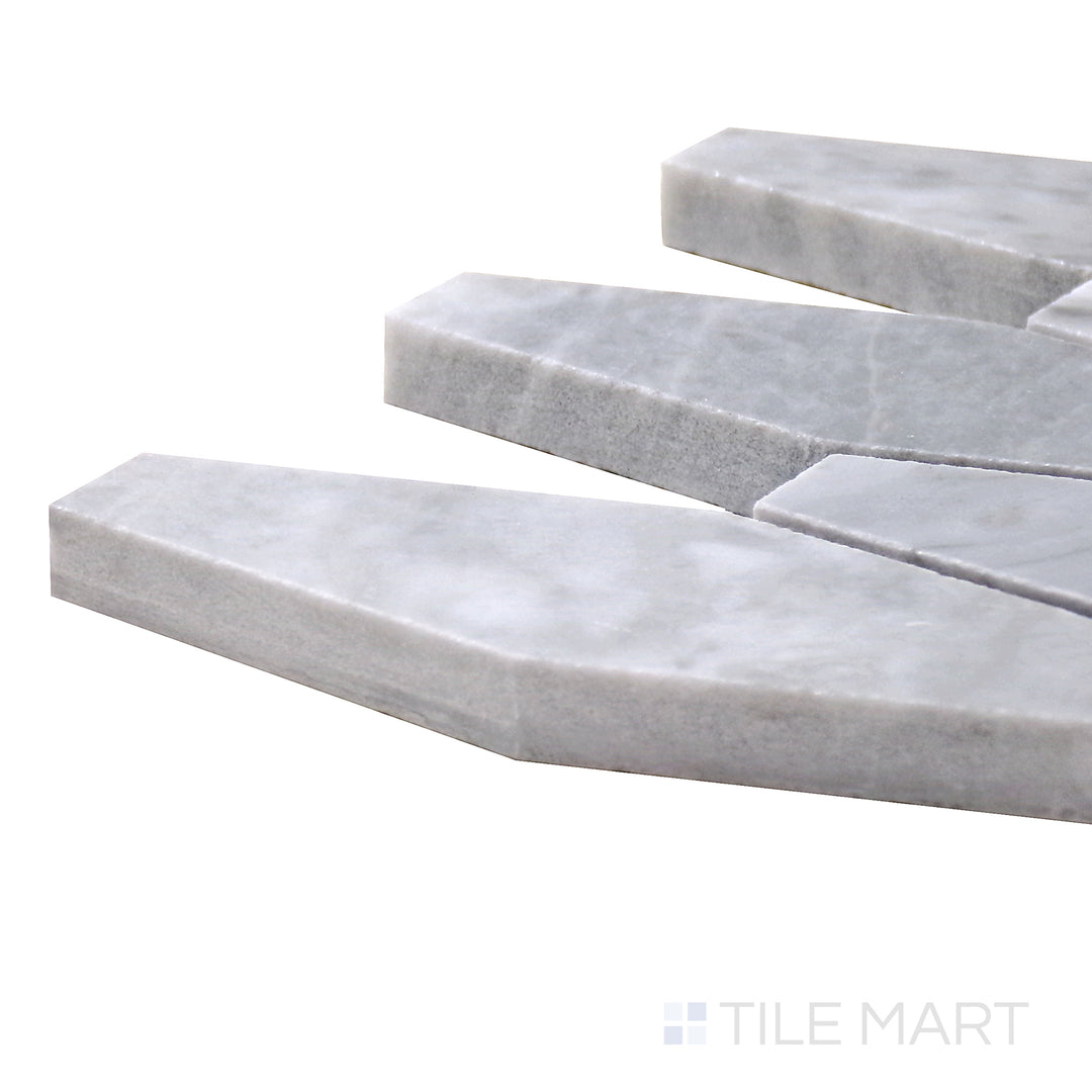 Corner angle of Sto-Re Bardiglio Elongated Hexagon Polished Marble Mosaic, capturing its deep gray tones and elongated hexagonal layout for a bold, modern look.