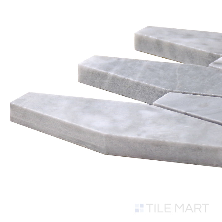 Corner angle of Sto-Re Bardiglio Elongated Hexagon Polished Marble Mosaic, capturing its deep gray tones and elongated hexagonal layout for a bold, modern look.