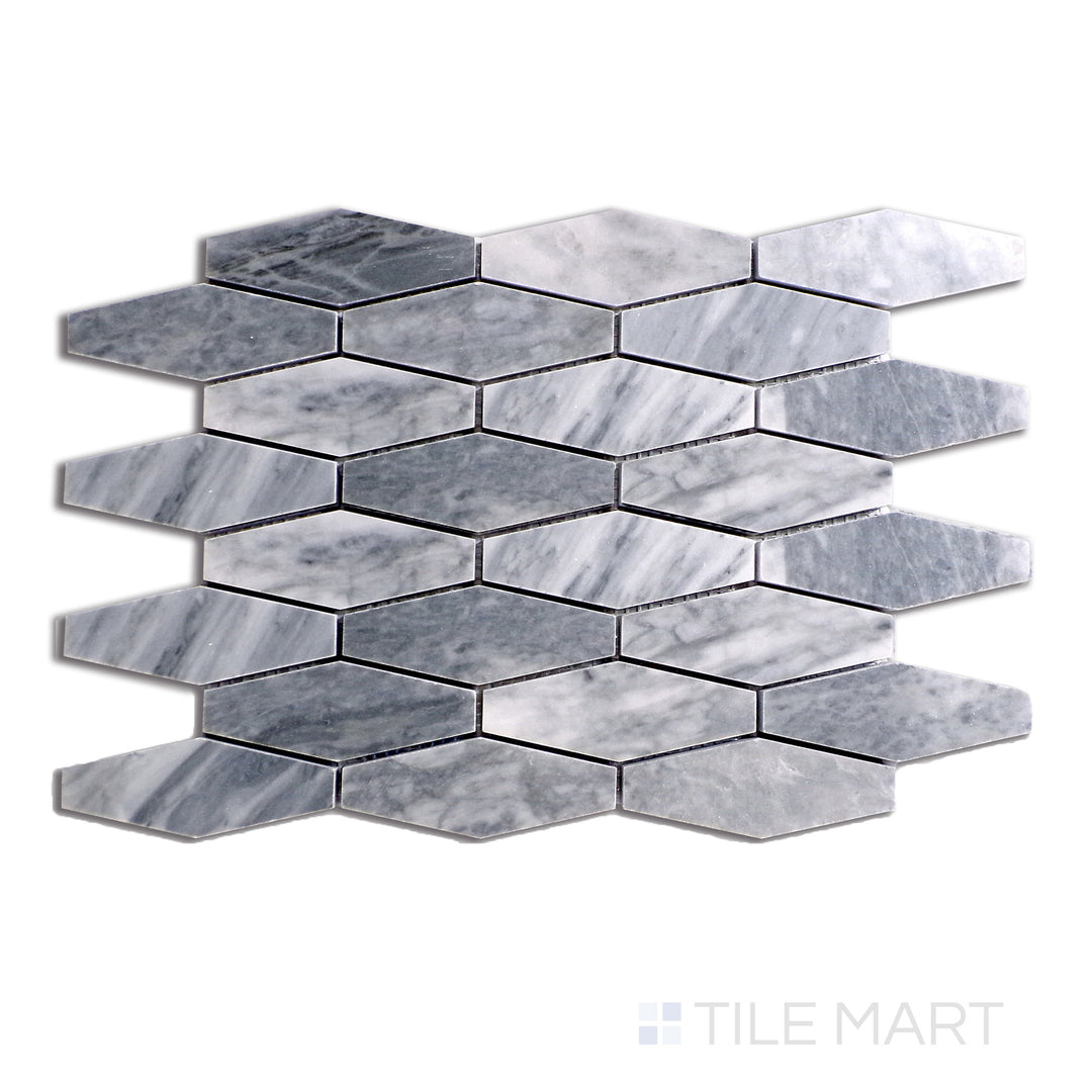 Overhead shot of Sto-Re Bardiglio Elongated Hexagon Polished Marble Mosaic, highlighting elegant grey Bardiglio marble with elongated hexagonal tiles and a polished finish.