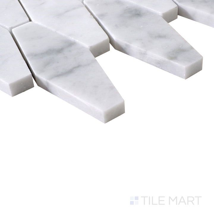Diagonal view of Sto-Re Carrara Elongated Hexagon polished marble mosaic, featuring soft white marble with intricate gray veining and a distinctive hexagonal pattern.  