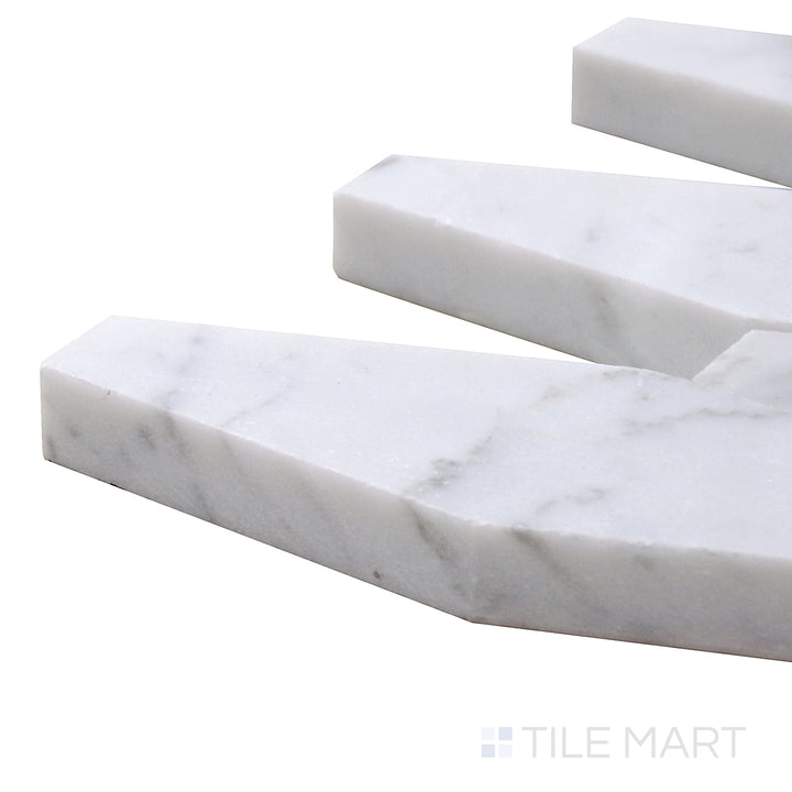 Side perspective of Sto-Re Carrara Elongated Hexagon Polished Marble Mosaic, showcasing its classic white marble and extended hexagonal shapes.