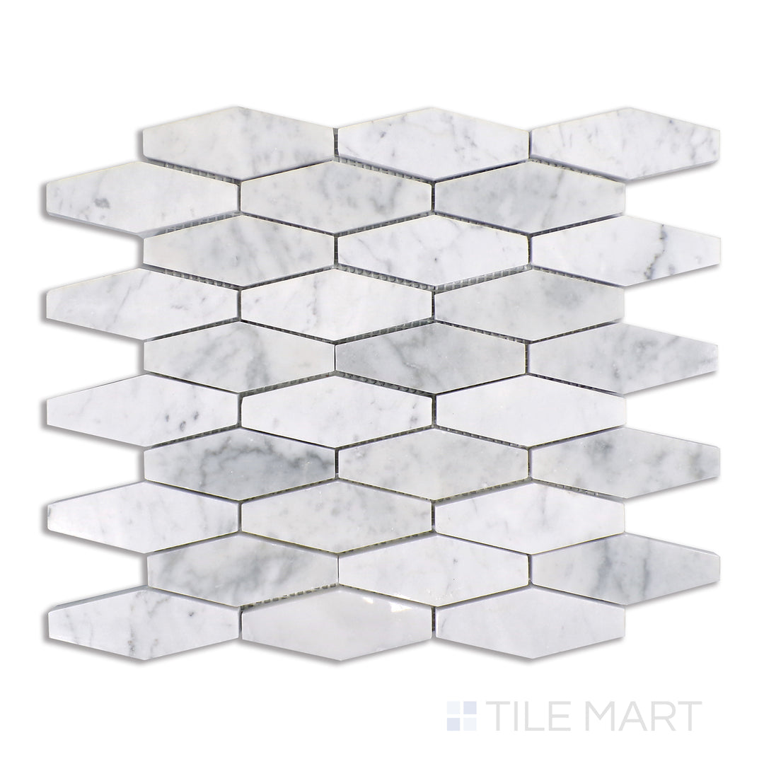 Flat lay of Sto-Re Carrara Elongated Hexagon Polished Marble Mosaic, presenting timeless white Carrara marble in a sleek, elongated hexagon layout.