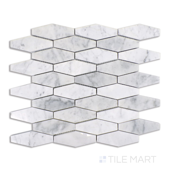 Flat lay of Sto-Re Carrara Elongated Hexagon Polished Marble Mosaic, presenting timeless white Carrara marble in a sleek, elongated hexagon layout.