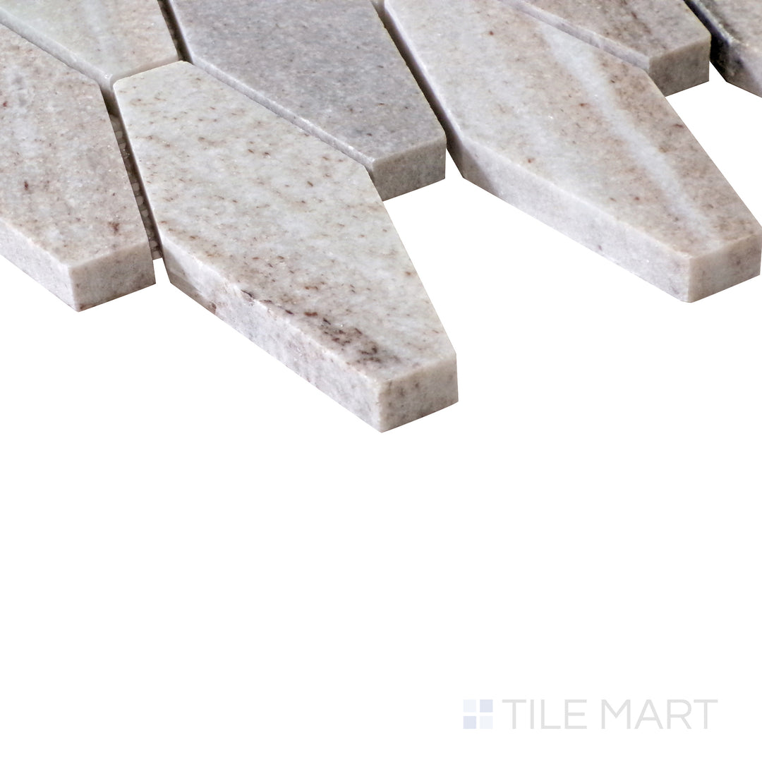 Slanted perspective of Sto-Re Ocean White Elongated Hexagon polished marble mosaic, showcasing its clean, bright appearance, smooth surface, and geometric appeal.  