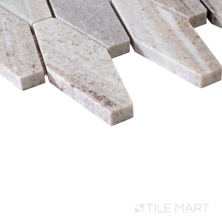 Slanted perspective of Sto-Re Ocean White Elongated Hexagon polished marble mosaic, showcasing its clean, bright appearance, smooth surface, and geometric appeal.  