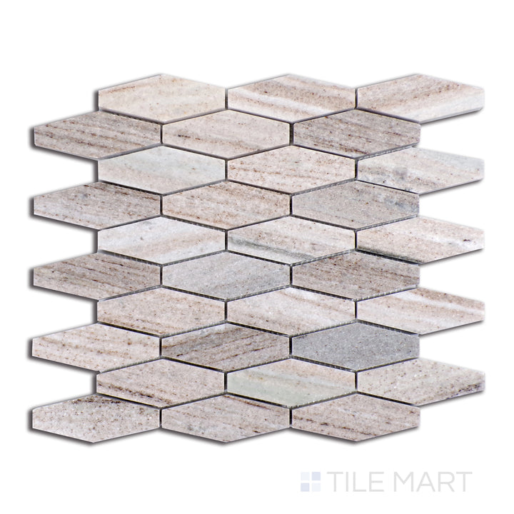 Aerial perspective of Sto-Re Ocean White Elongated Hexagon Polished Marble Mosaic, showcasing crisp white marble with subtle veining in an elongated hexagon format.