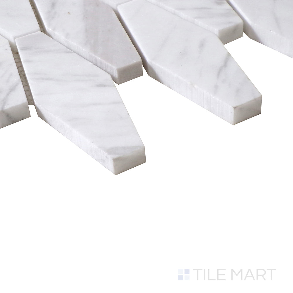 Angled shot of Sto-Re Volakas Elongated Hexagon polished marble mosaic, emphasizing its refined veining, structured hexagonal layout, and high-gloss polish.  