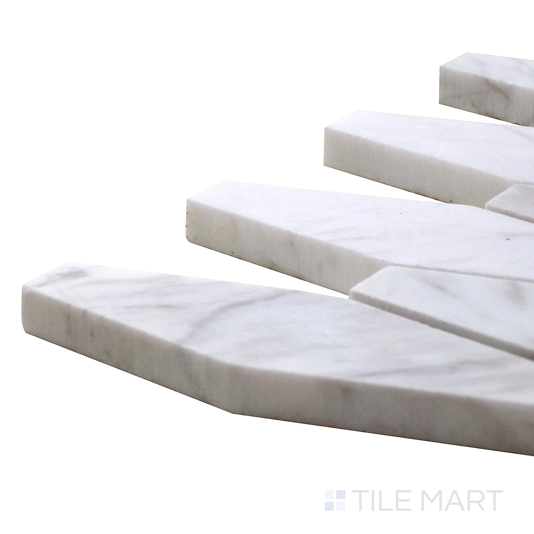 Corner-focused view of Sto-Re Volakas Elongated Hexagon Polished Marble Mosaic, highlighting its natural marble veining in a refined hexagonal pattern.