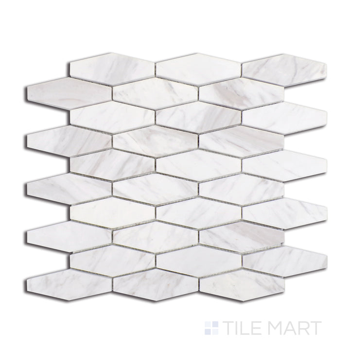 Top-down image of Sto-Re Volakas Elongated Hexagon Polished Marble Mosaic, displaying refined white and grey Volakas marble with elongated hexagonal cuts.