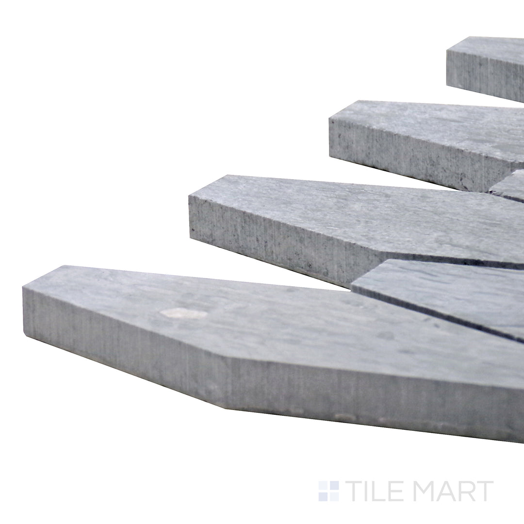 Detailed corner shot of Sto-Re Wooden Blue Elongated Hexagon Polished Marble Mosaic, emphasizing its unique blue-gray hues and glossy surface.