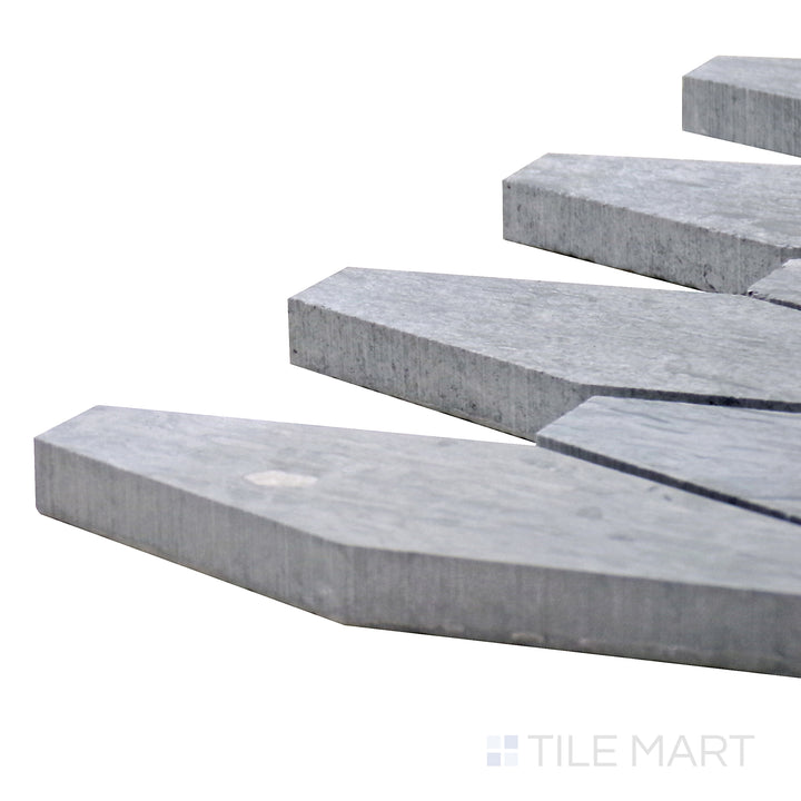 Detailed corner shot of Sto-Re Wooden Blue Elongated Hexagon Polished Marble Mosaic, emphasizing its unique blue-gray hues and glossy surface.