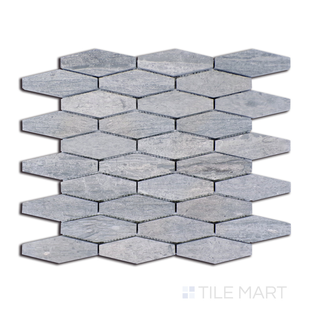 Close-up of Sto-Re Wooden Blue Elongated Hexagon Polished Marble Mosaic, featuring a bold blue-grey marble in a unique elongated hexagon tile pattern.