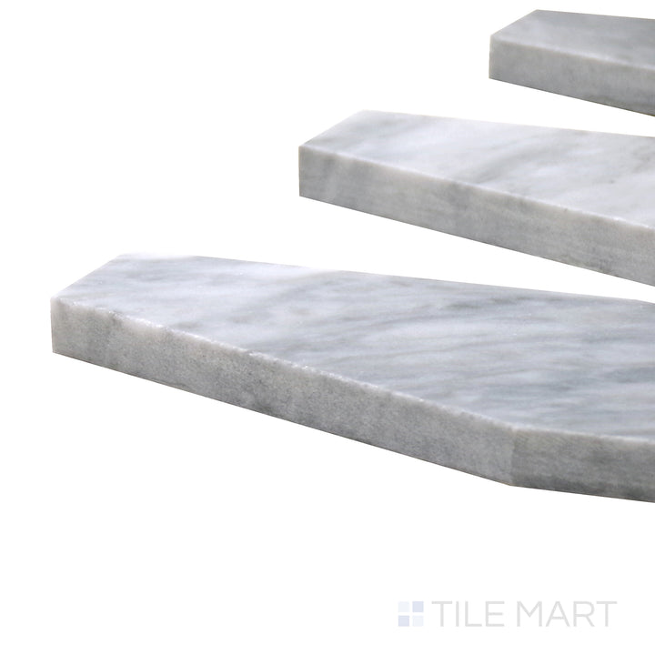 Side angle of Sto-Re Bardiglio Elongated Hexagon Polished Marble Mosaic, featuring deep gray marble with a polished sheen in a modern hexagonal layout.