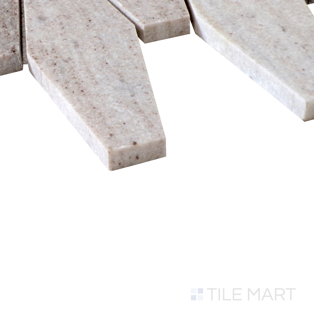 Slanted perspective of Sto-Re Ocean White Elongated Hexagon polished marble mosaic, emphasizing its bright white tones, structured hexagonal layout, and glossy surface.  