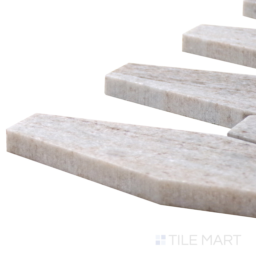 Angled shot of Sto-Re Ocean White Elongated Hexagon Polished Marble Mosaic, capturing its refined white tones and geometric pattern with a polished finish.