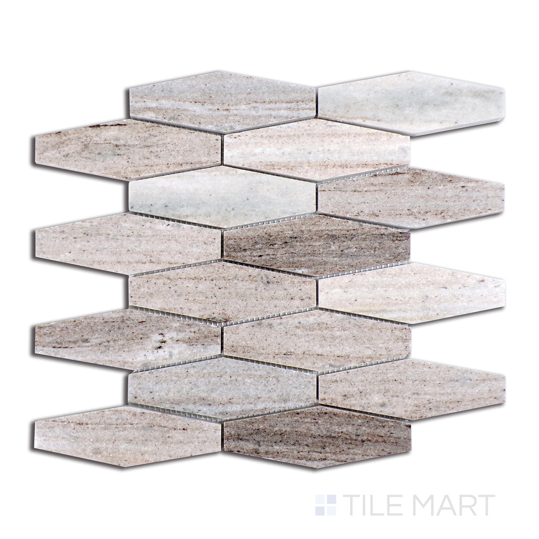 Aerial perspective of Sto-Re Ocean White Elongated Hexagon Polished Marble Mosaic, emphasizing clean white marble with refined veining and a polished hexagonal format.