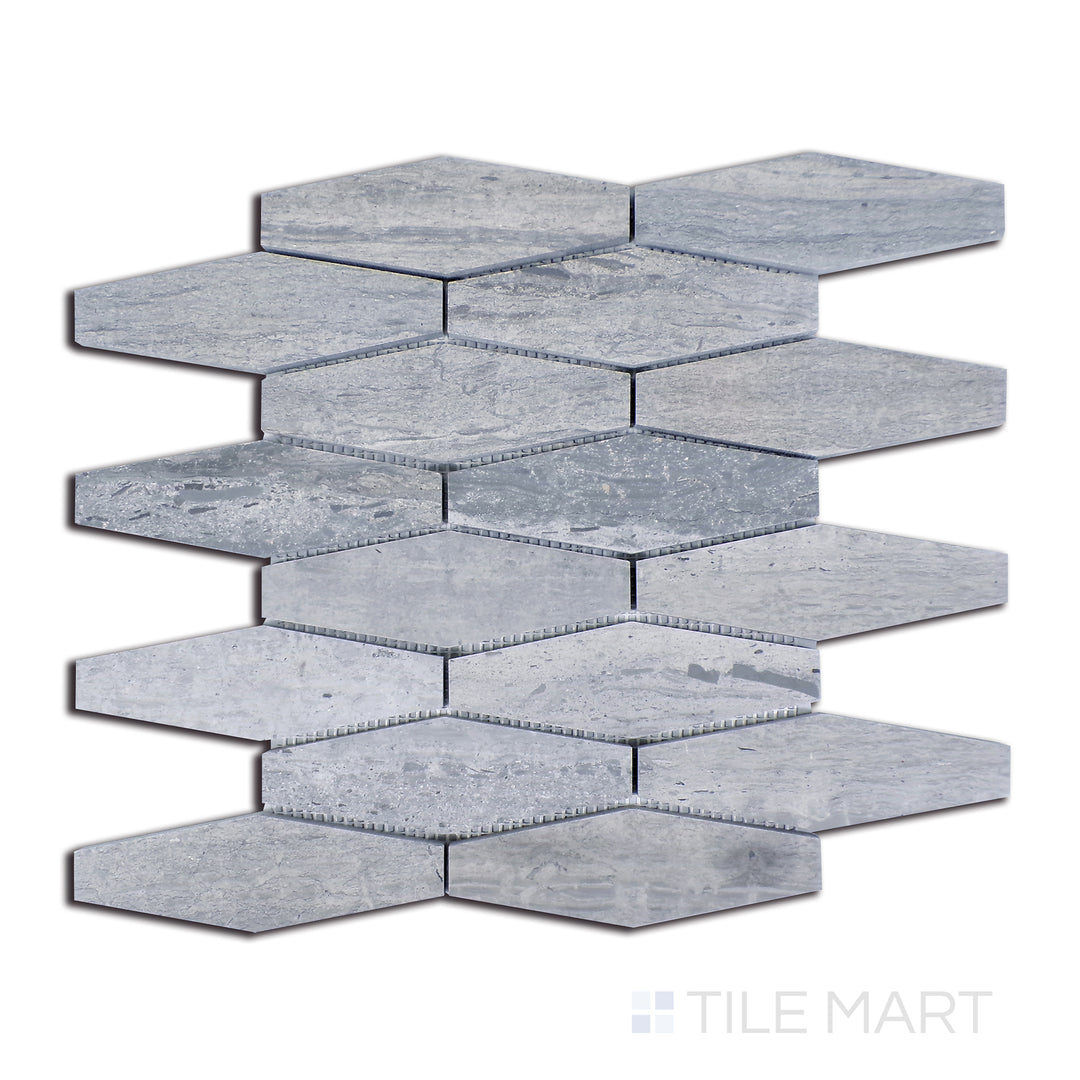 Close-up of Sto-Re Wooden Blue Elongated Hexagon Polished Marble Mosaic, presenting a rich blue-grey marble in a stylish elongated hexagonal pattern.
