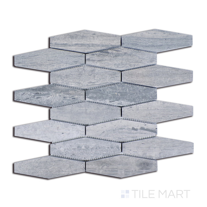Close-up of Sto-Re Wooden Blue Elongated Hexagon Polished Marble Mosaic, presenting a rich blue-grey marble in a stylish elongated hexagonal pattern.