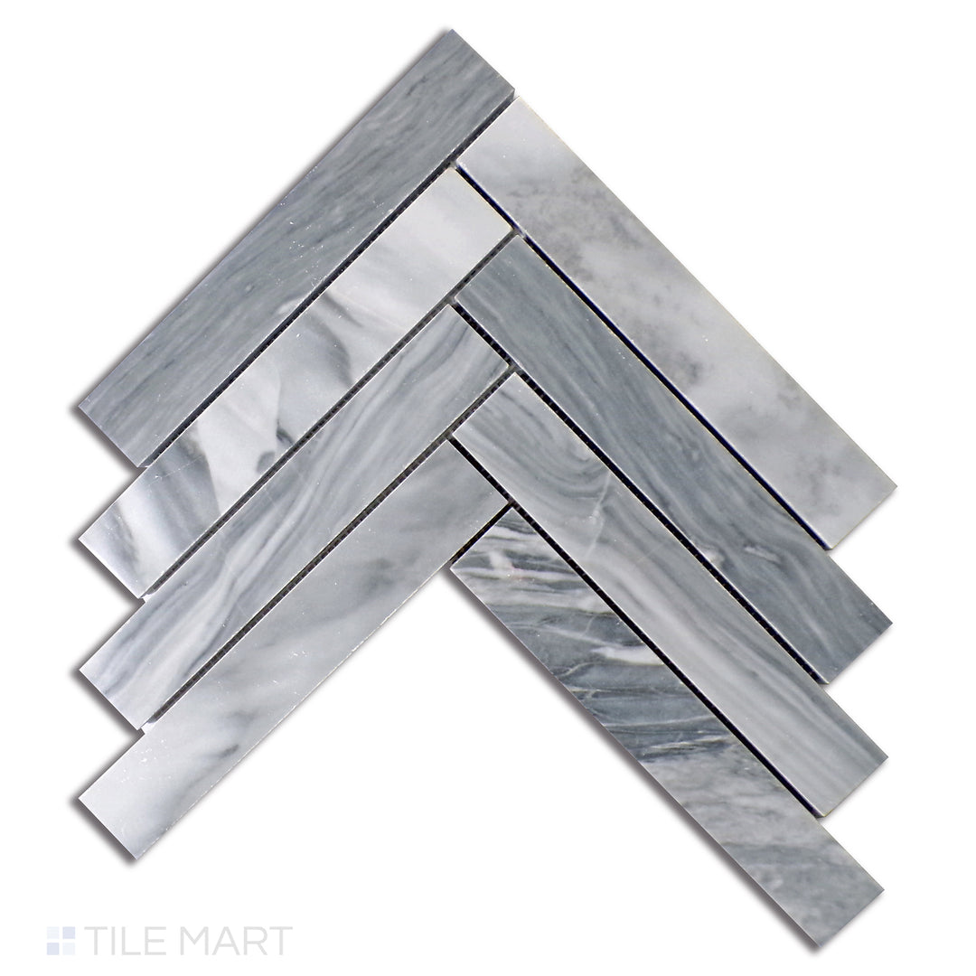 Top-down view of Sto-Re Bardiglio Herringbone Polished Marble Mosaic, a luxurious marble tile with an elegant herringbone pattern and a polished finish.