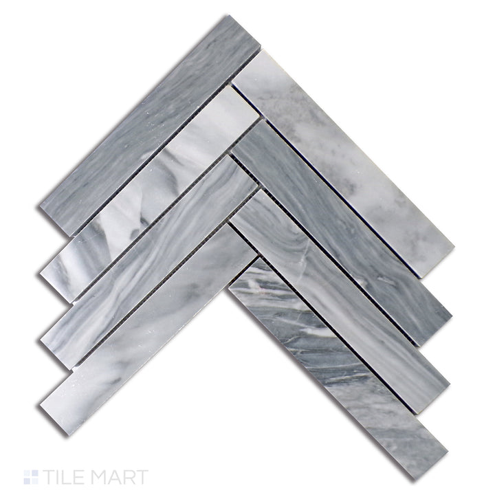 Top-down view of Sto-Re Bardiglio Herringbone Polished Marble Mosaic, a luxurious marble tile with an elegant herringbone pattern and a polished finish.