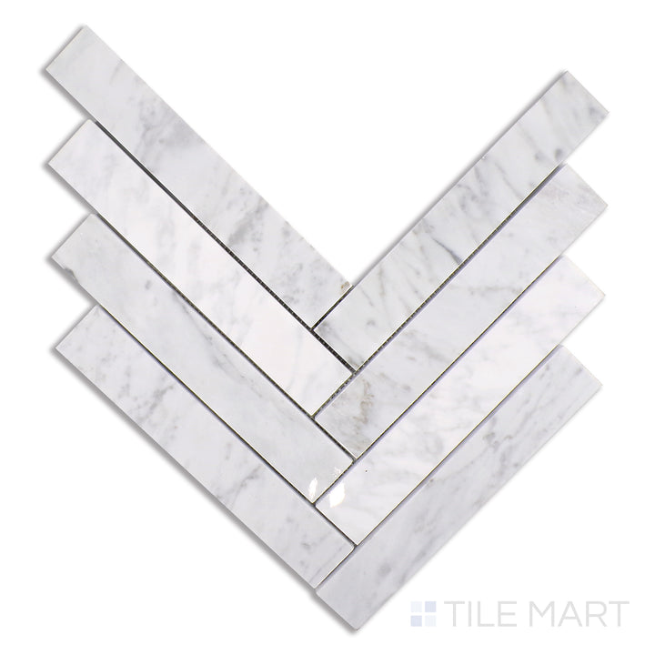 Overhead view of Sto-Re Carrara Herringbone Polished Marble Mosaic, highlighting classic Carrara marble arranged in a timeless herringbone pattern with a polished surface.
