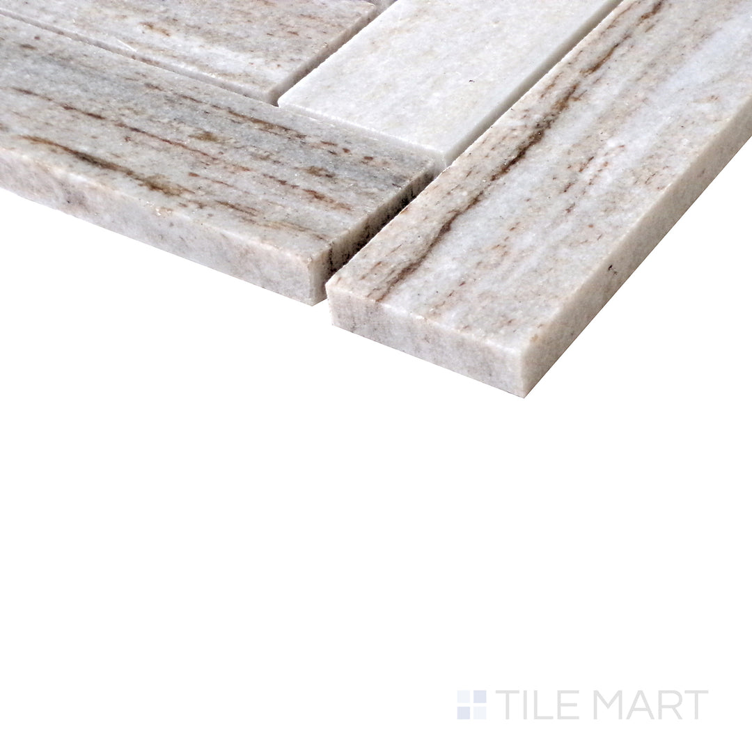 Diagonal view of Sto-Re Ocean White Herringbone polished marble mosaic, showcasing its clean white tones, smooth polished surface, and precise herringbone pattern.  