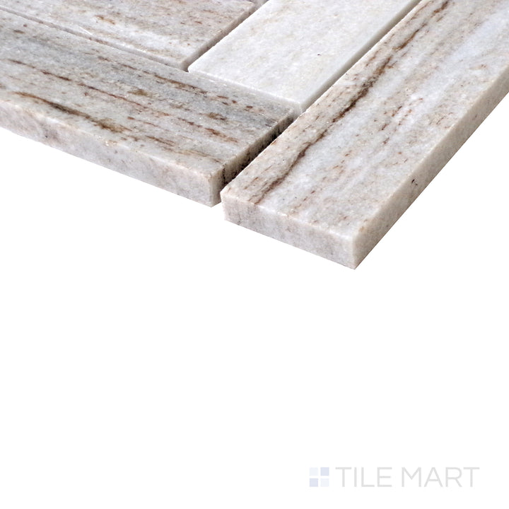 Diagonal view of Sto-Re Ocean White Herringbone polished marble mosaic, showcasing its clean white tones, smooth polished surface, and precise herringbone pattern.  