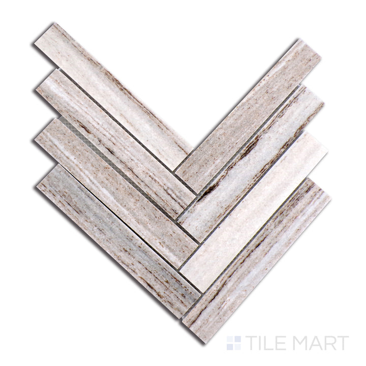 Overhead view of Sto-Re Ocean White Herringbone Polished Marble Mosaic, featuring crisp white marble with subtle veining, arranged in a refined herringbone layout.