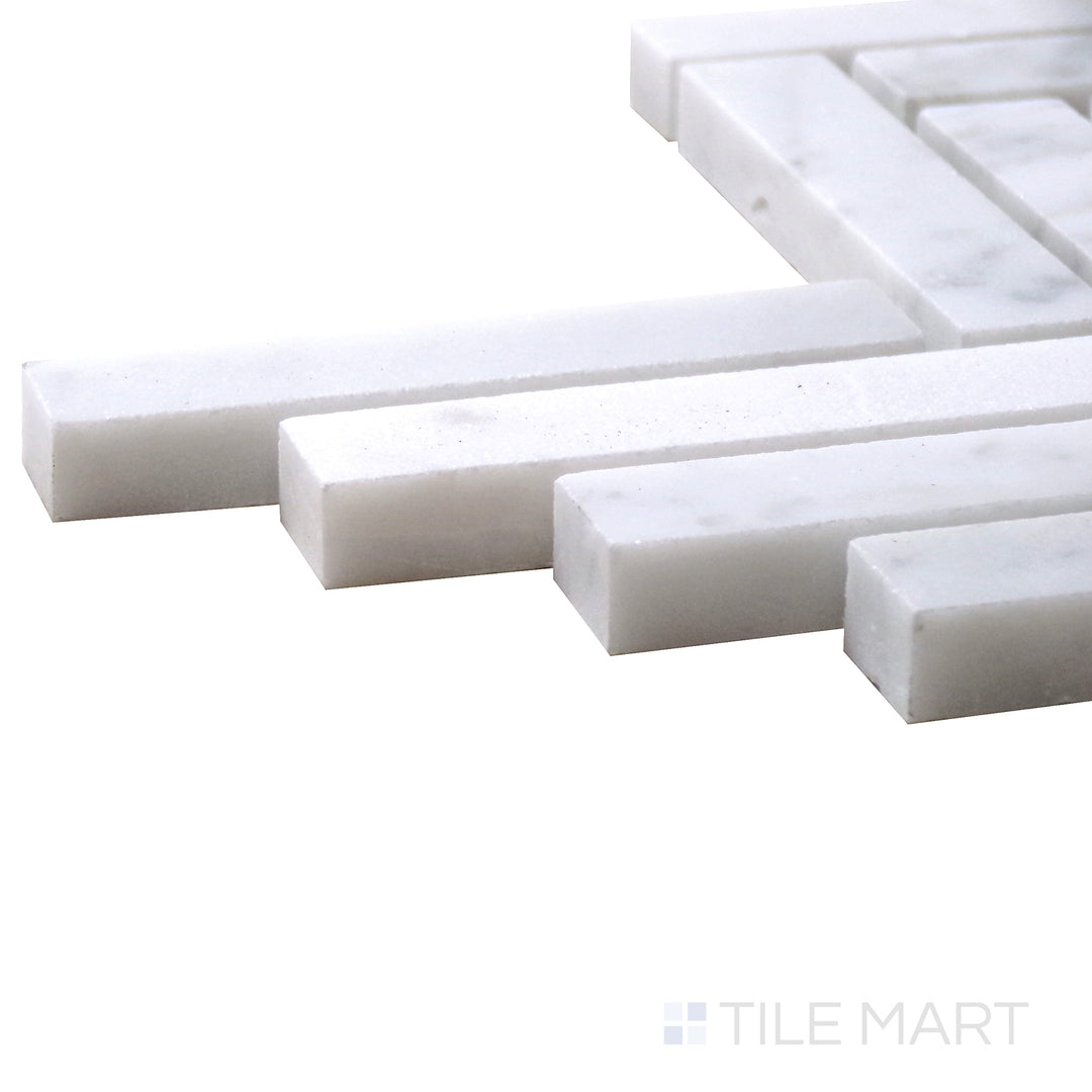 Corner shot of Sto-Re Carrara Herringbone Polished Marble Mosaic, featuring crisp white Carrara marble with subtle veining in a refined herringbone pattern.