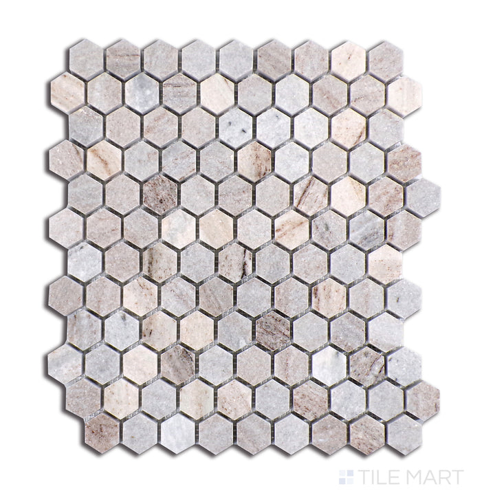 Aerial perspective of Sto-Re Ocean White 1-1/8" Hexagon Polished Marble Mosaic, presenting bright white marble in a compact hexagon layout with a polished surface.