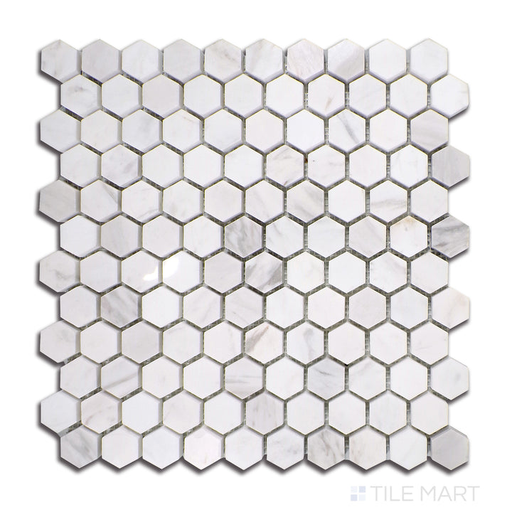 Top-down image of Sto-Re Volakas 1-1/8" Hexagon Polished Marble Mosaic, featuring sophisticated Volakas marble with a polished shine in a detailed hexagonal arrangement.