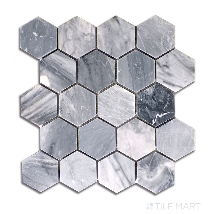 Overhead view of Sto-Re Bardiglio 2-1/2" Hexagon Polished Marble Mosaic, displaying larger hexagonal tiles of Bardiglio grey marble with a striking polished finish.