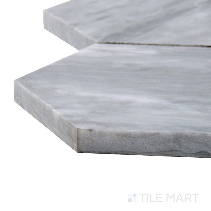 Corner shot of Sto-Re Bardiglio 4" Hexagon Polished Marble Mosaic, featuring its bold gray marble in a polished hexagonal arrangement.