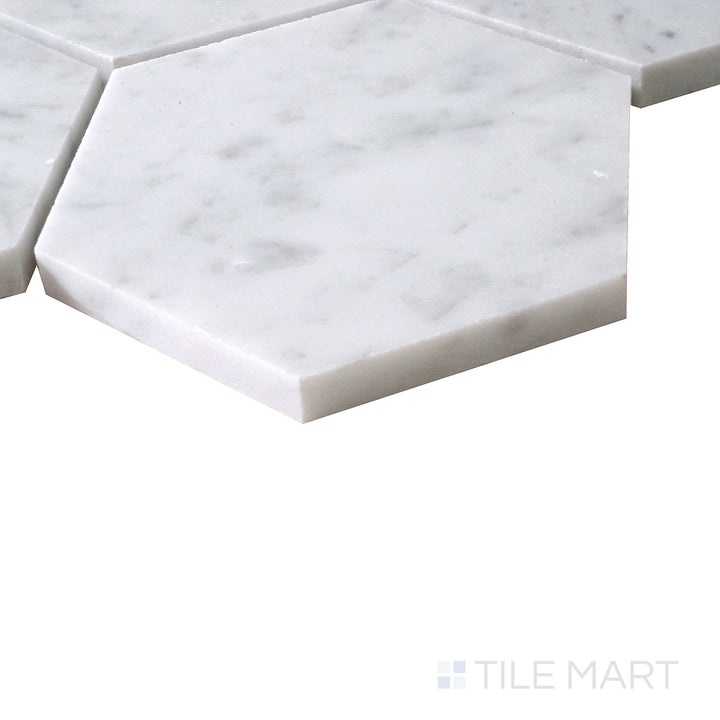 Diagonal view of Sto-Re Carrara 4" Hexagon polished marble mosaic, highlighting its refined white marble base, soft gray veining, and elegant hexagonal pattern.  